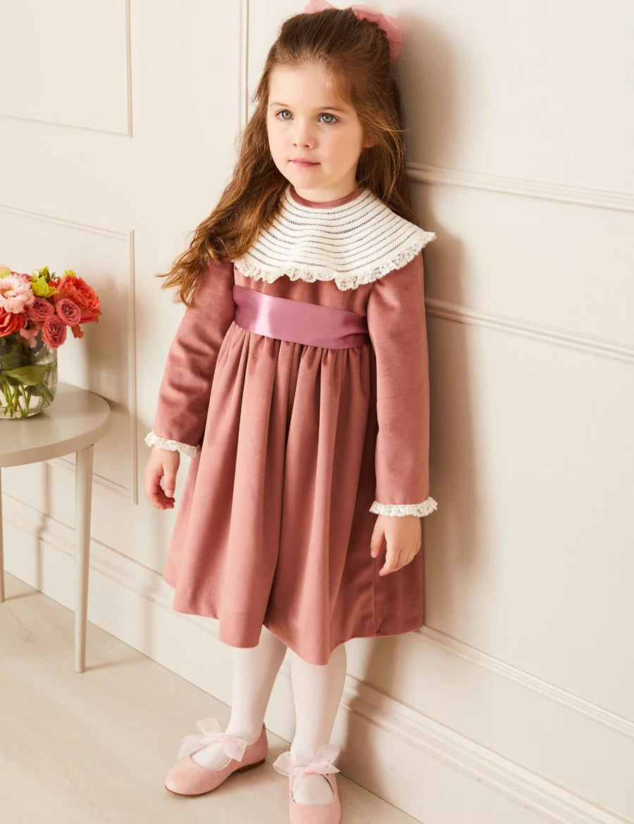 Velvet Handmade Collar Long Sleeve Dress in Pink (2-10yrs) Dresses  from Pepa London