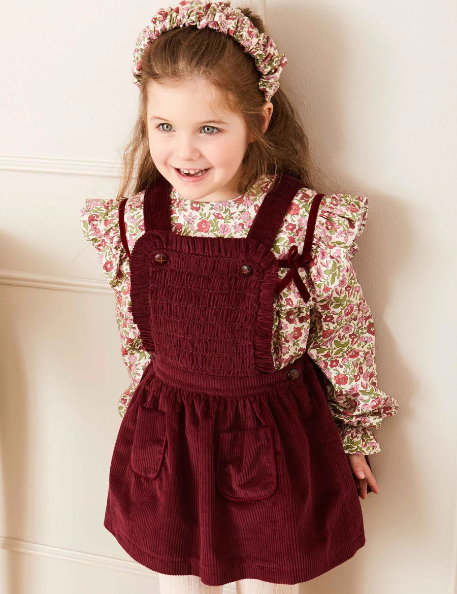 Corduroy Frill Detail Skirt with Braces in Burgundy (12mths-3yrs) Skirts  from Pepa London