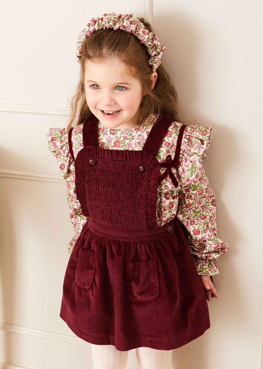 Corduroy Frill Detail Skirt with Braces in Burgundy (12mths-3yrs) Skirts  from Pepa London