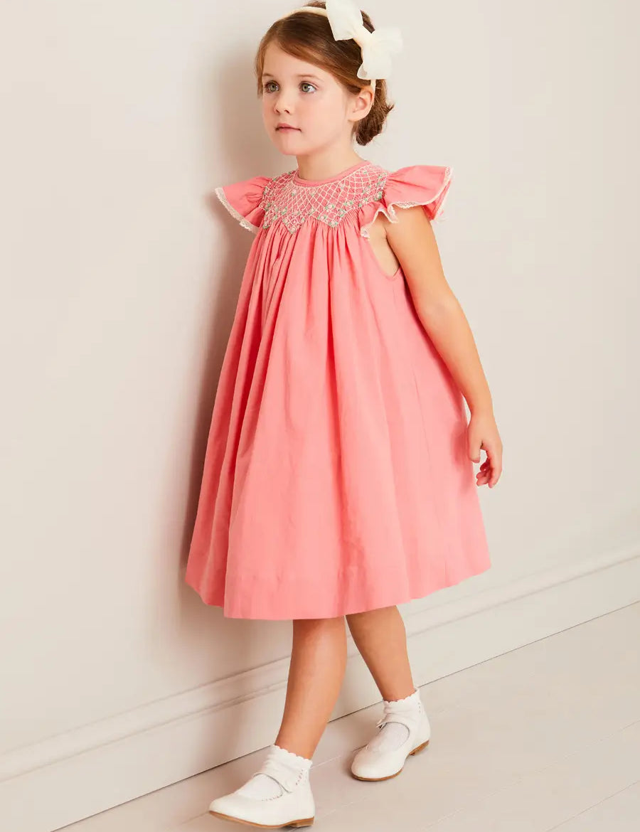 Plain Hand Smocked Sleeveless Dress in Coral (12mths-10yrs) DRESSES from Pepa London