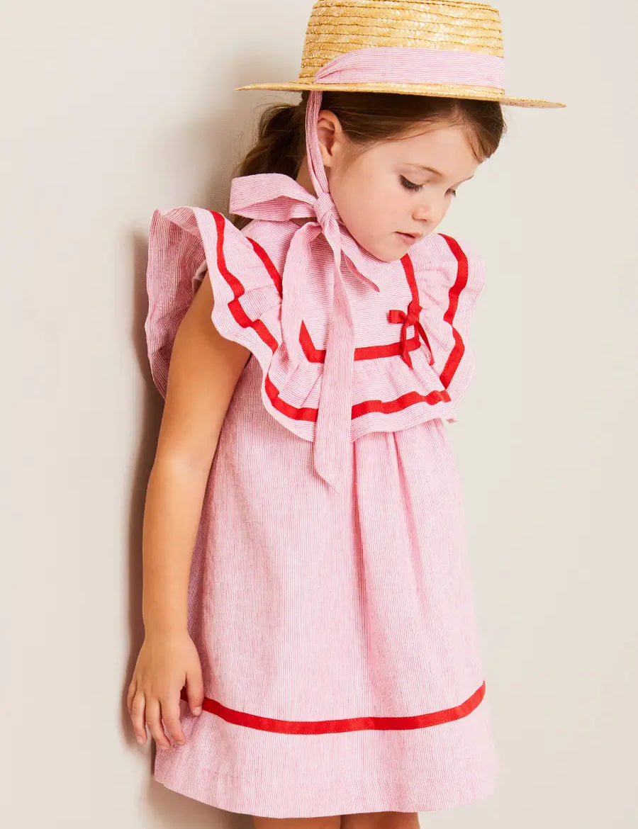 Lawrence Striped Ruffle Bib Sleeveless Dress in Red (12mths-8yrs) DRESSES from Pepa London