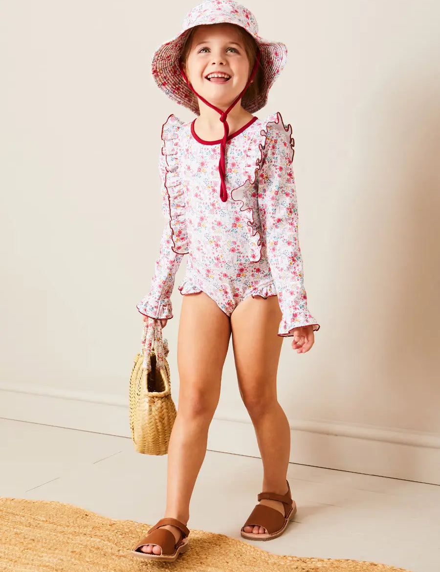 Louisa Floral Ruffle Trim Long Sleeve Swimsuit in Pink (2-10yrs) SWIMWEAR from Pepa London