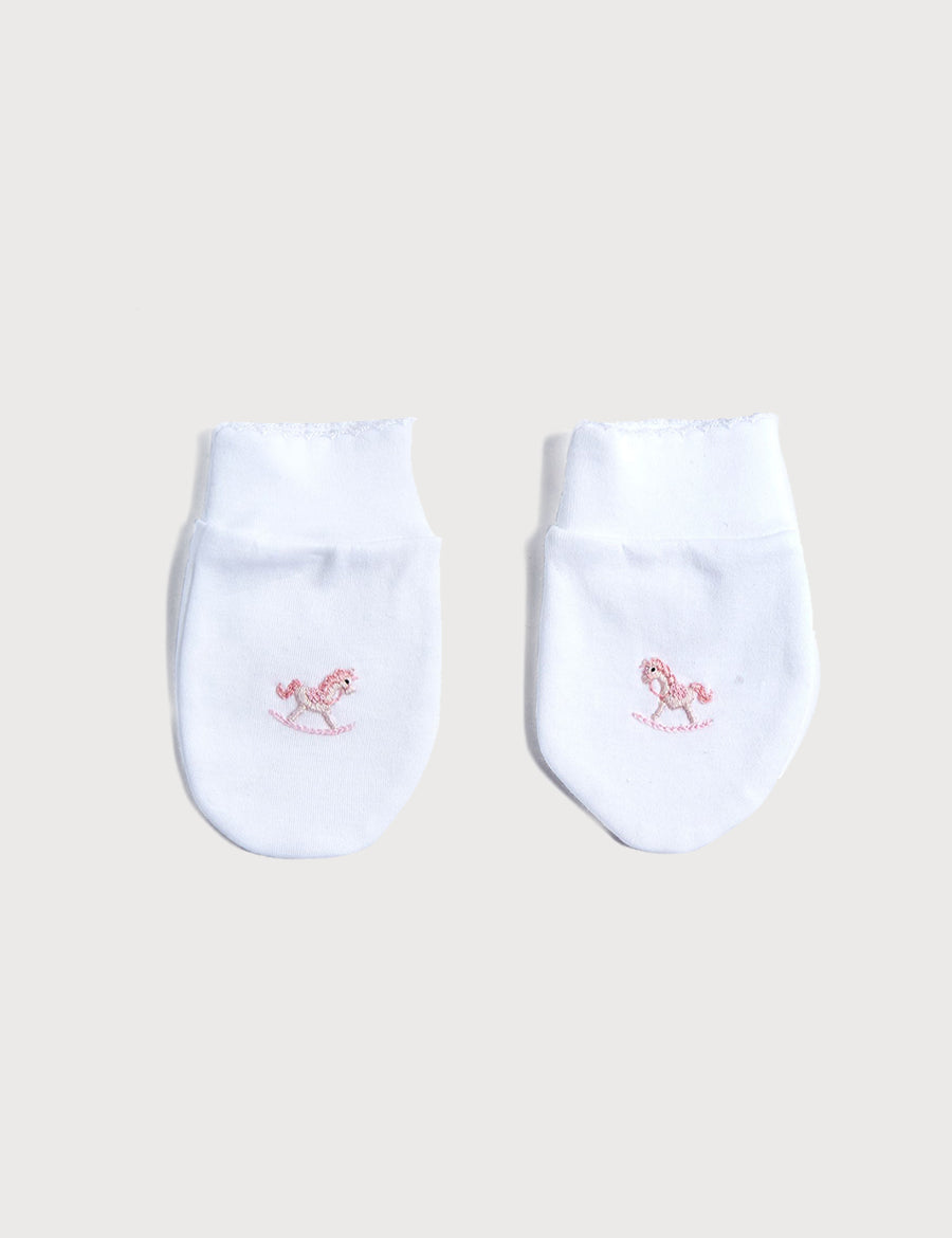 Old Newborn Mittens with Rocking Horse Embroidery Pink (0-3mths) Accessories  from Pepa London