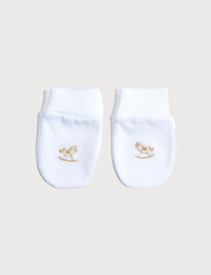 Newborn Mittens with Rocking Horse Embroidery Beige (1-3mths) Accessories  from Pepa London