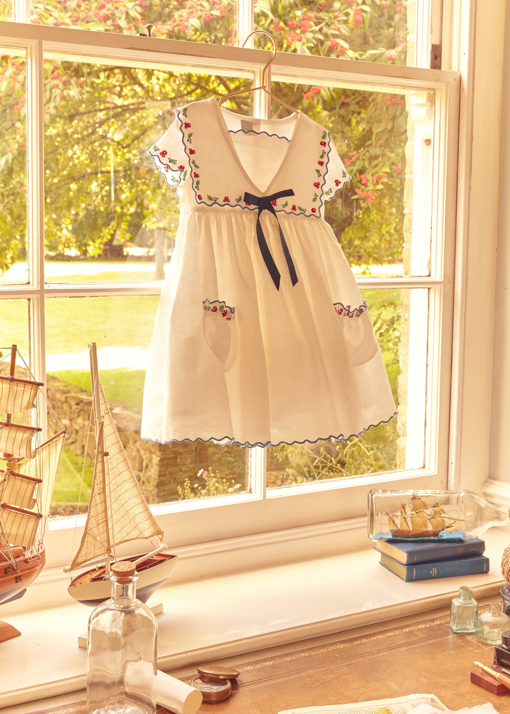 Embroidered Mariner Collar Short Sleeve Dress in White (12mths-10yrs) DRESSES from Pepa London