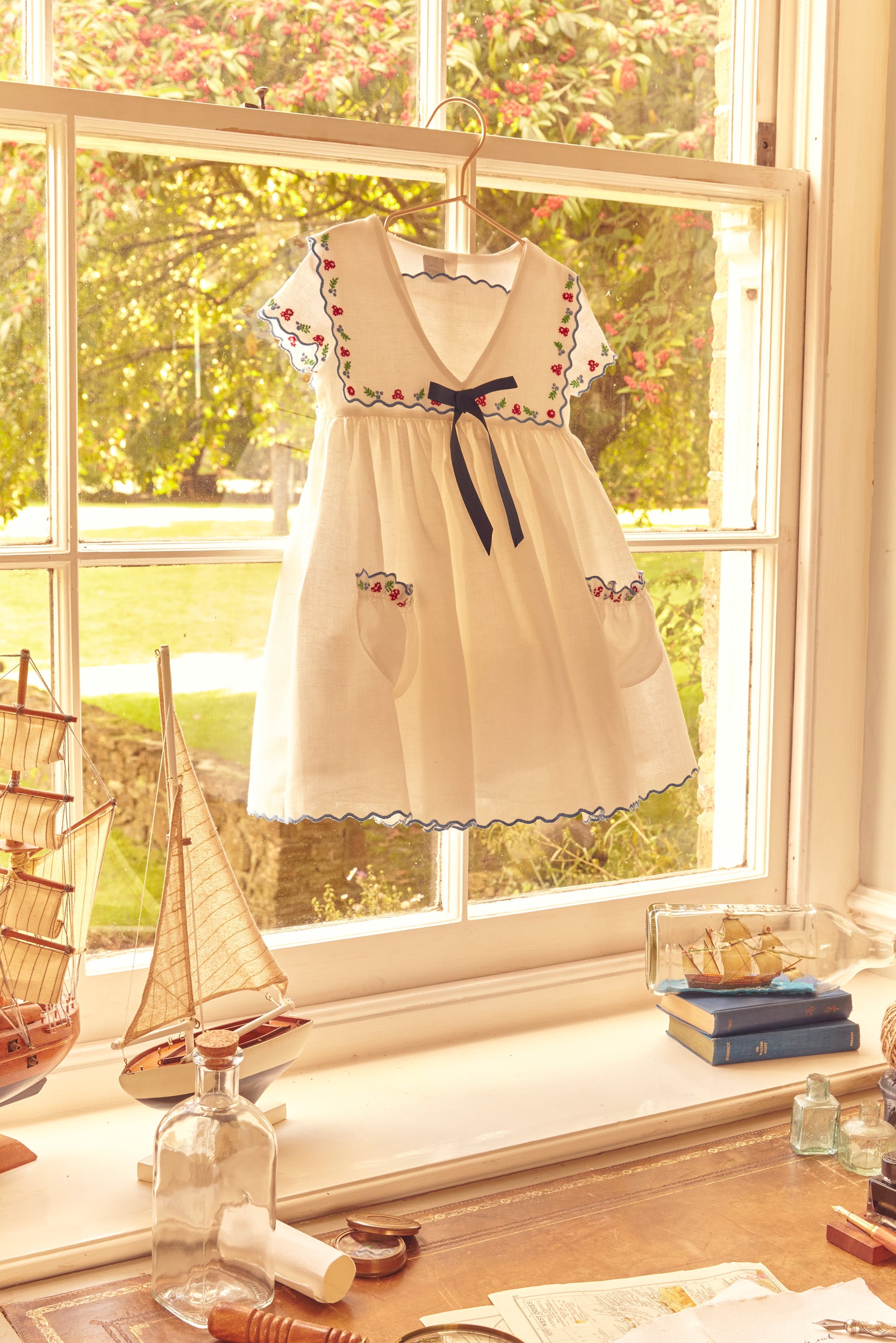 Embroidered Mariner Collar Short Sleeve Dress in White (12mths-10yrs) DRESSES from Pepa London