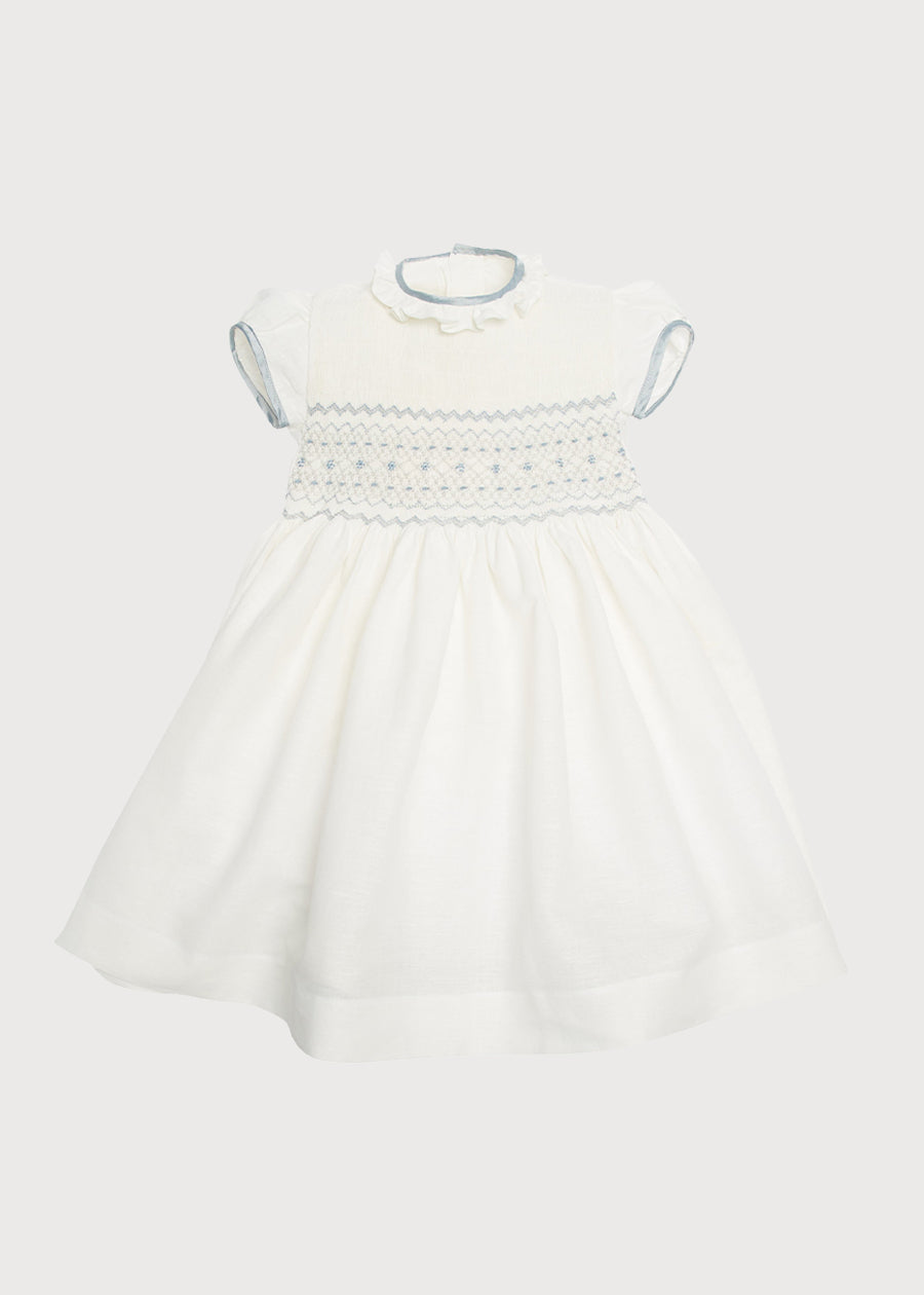 Ivory Hand Smocked Occasion Dress with Blue Details (6mths-8yrs) Dresses from Pepa London
