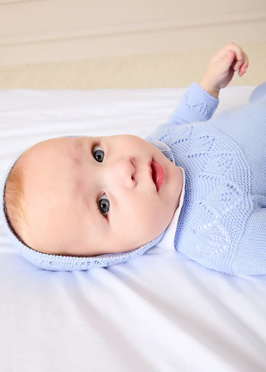 Diamond Openwork Three Piece Knitted Set in Light Blue (1-9mths) Knitwear from Pepa London