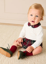 Balmoral Tartan Peter Pan Collar Bodysuit in Burgundy (1mth-3yrs) Tops & Bodysuits from Pepa London