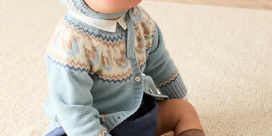 Birdie Fair Isle Knitted Cardigan in Blue (6mths-6yrs) Knitwear from Pepa London
