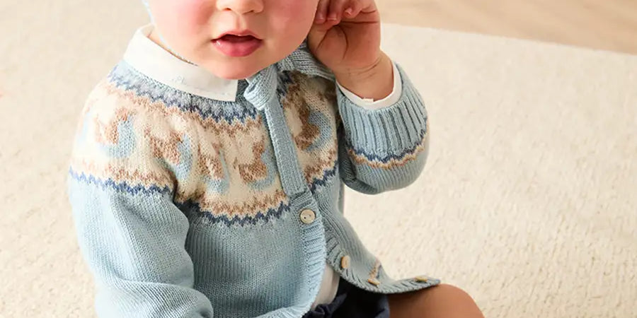 Birdie Fair Isle Knitted Cardigan in Blue (6mths-6yrs) Knitwear from Pepa London