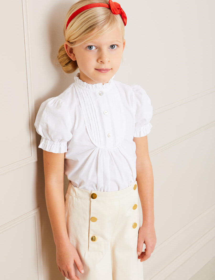 Frilly Neck Pleated Short Sleeve Blouse in White (18mths-10yrs) Blouses  from Pepa London