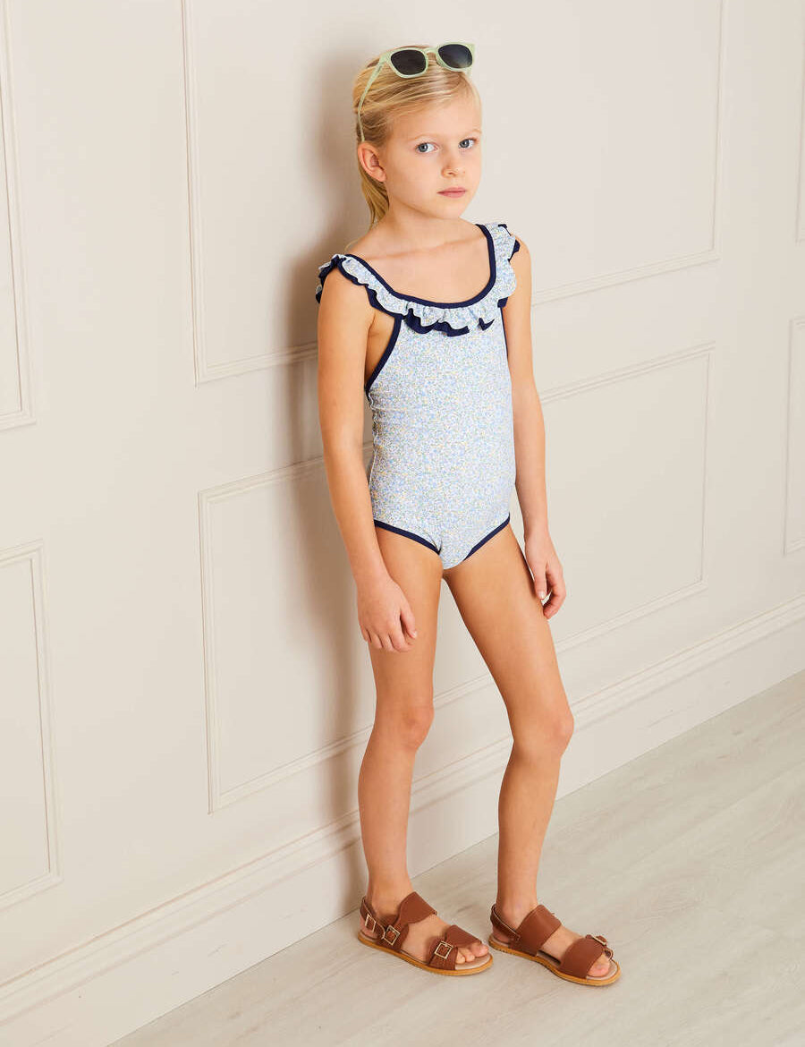 Matilda Floral Print Ruffle Trim Swimsuit in Blue (2-8yrs) Swimwear  from Pepa London