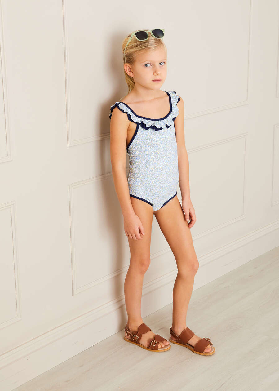 Matilda Floral Print Ruffle Trim Swimsuit in Blue (2-8yrs) Swimwear  from Pepa London