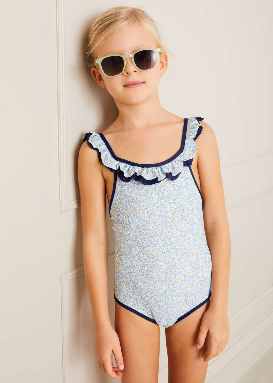 Matilda Floral Print Ruffle Trim Swimsuit in Blue (2-8yrs) Swimwear  from Pepa London
