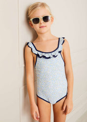 Matilda Floral Print Ruffle Trim Swimsuit in Blue (2-8yrs) Swimwear  from Pepa London