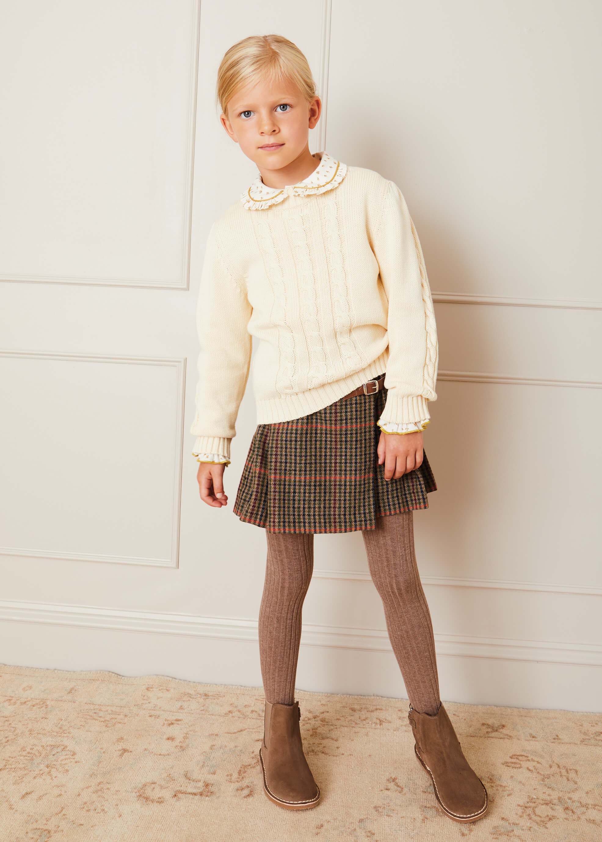 Checked Tweed Pleated Leather Buckled Kilt in Brown (2-10yrs) Skirts  from Pepa London