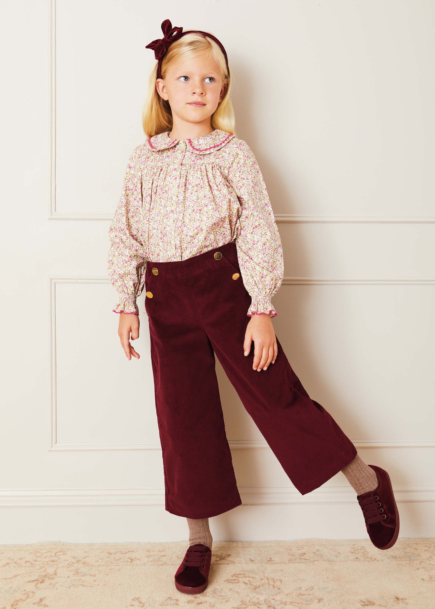 Corduroy Wide Leg Gold Button Trousers in Burgundy (4-10yrs) Trousers  from Pepa London