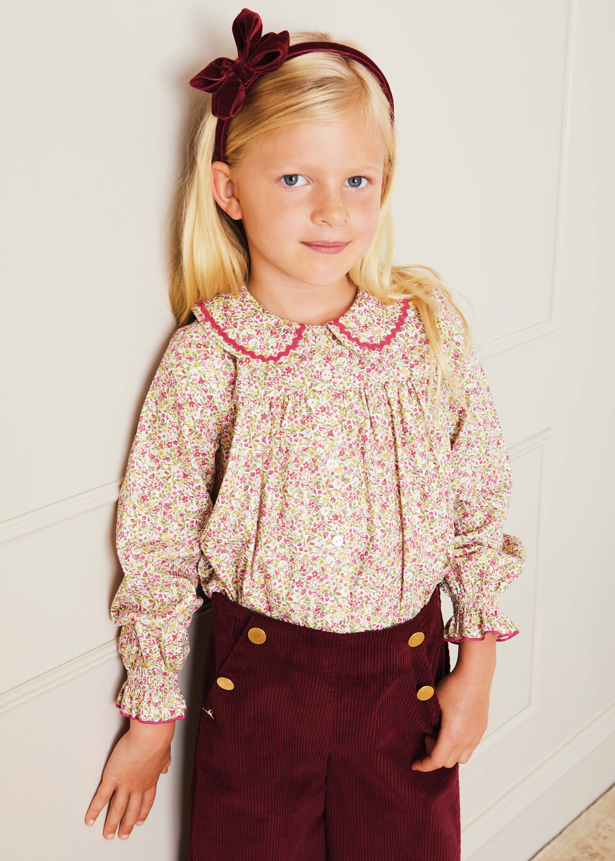 Corduroy Wide Leg Gold Button Trousers in Burgundy (4-10yrs) Trousers  from Pepa London