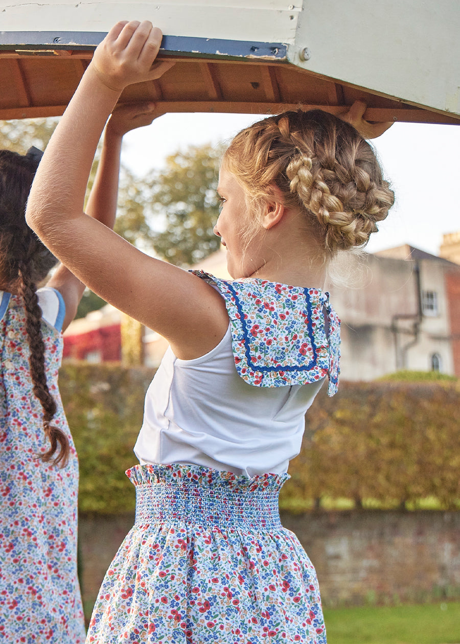 Poppy Floral Print Bib Collar Sleeveless Top in Red (2-10yrs) Tops & Bodysuits  from Pepa London