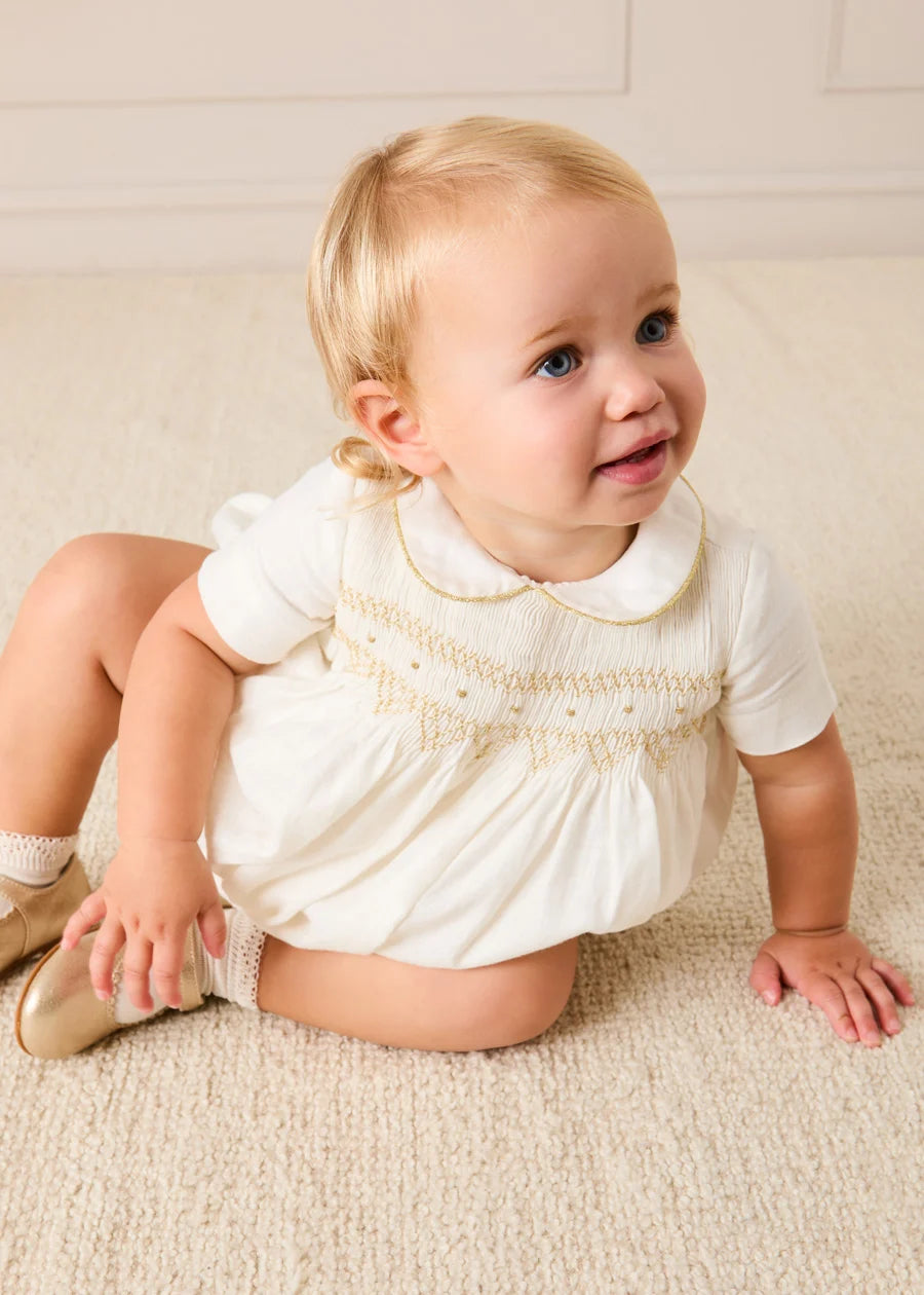 Hand Smocked Gold Embroidered Short Sleeve Romper in Ivory (3mths-2yrs) Rompers from Pepa London