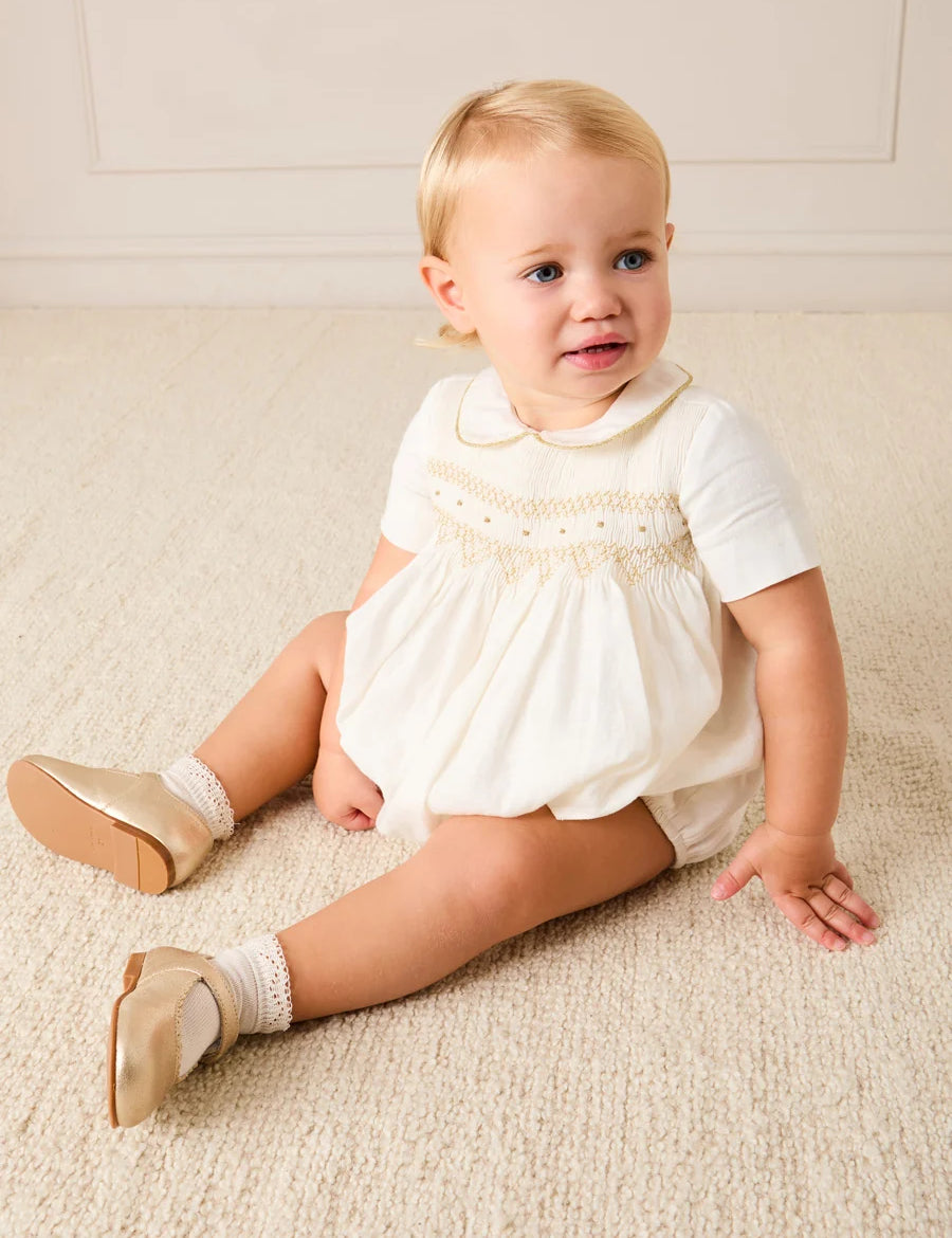 Hand Smocked Gold Embroidered Short Sleeve Romper in Ivory (3mths-2yrs) ROMPERS from Pepa London