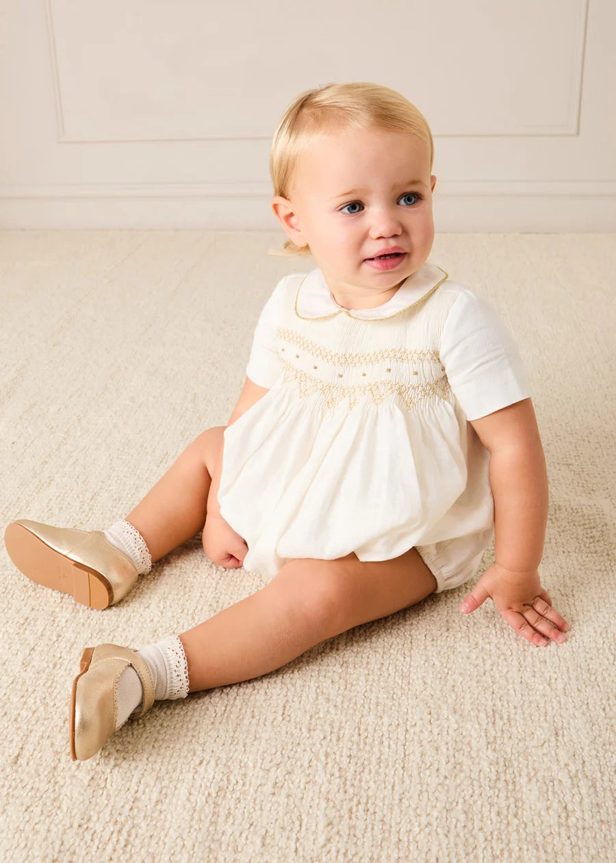 Hand Smocked Gold Embroidered Short Sleeve Romper in Ivory (3mths-2yrs) Rompers from Pepa London