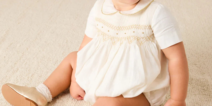 Hand Smocked Gold Embroidered Short Sleeve Romper in Ivory (3mths-2yrs) ROMPERS from Pepa London