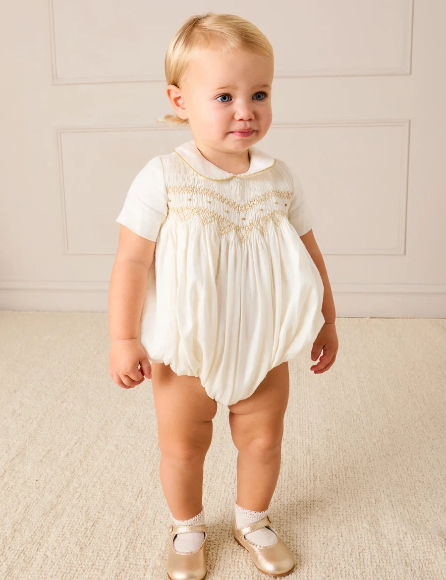 Hand Smocked Gold Embroidered Short Sleeve Romper in Ivory (3mths-2yrs) Rompers from Pepa London