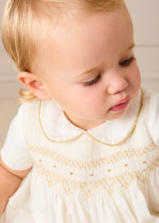 Hand Smocked Gold Embroidered Short Sleeve Romper in Ivory (3mths-2yrs) Rompers from Pepa London