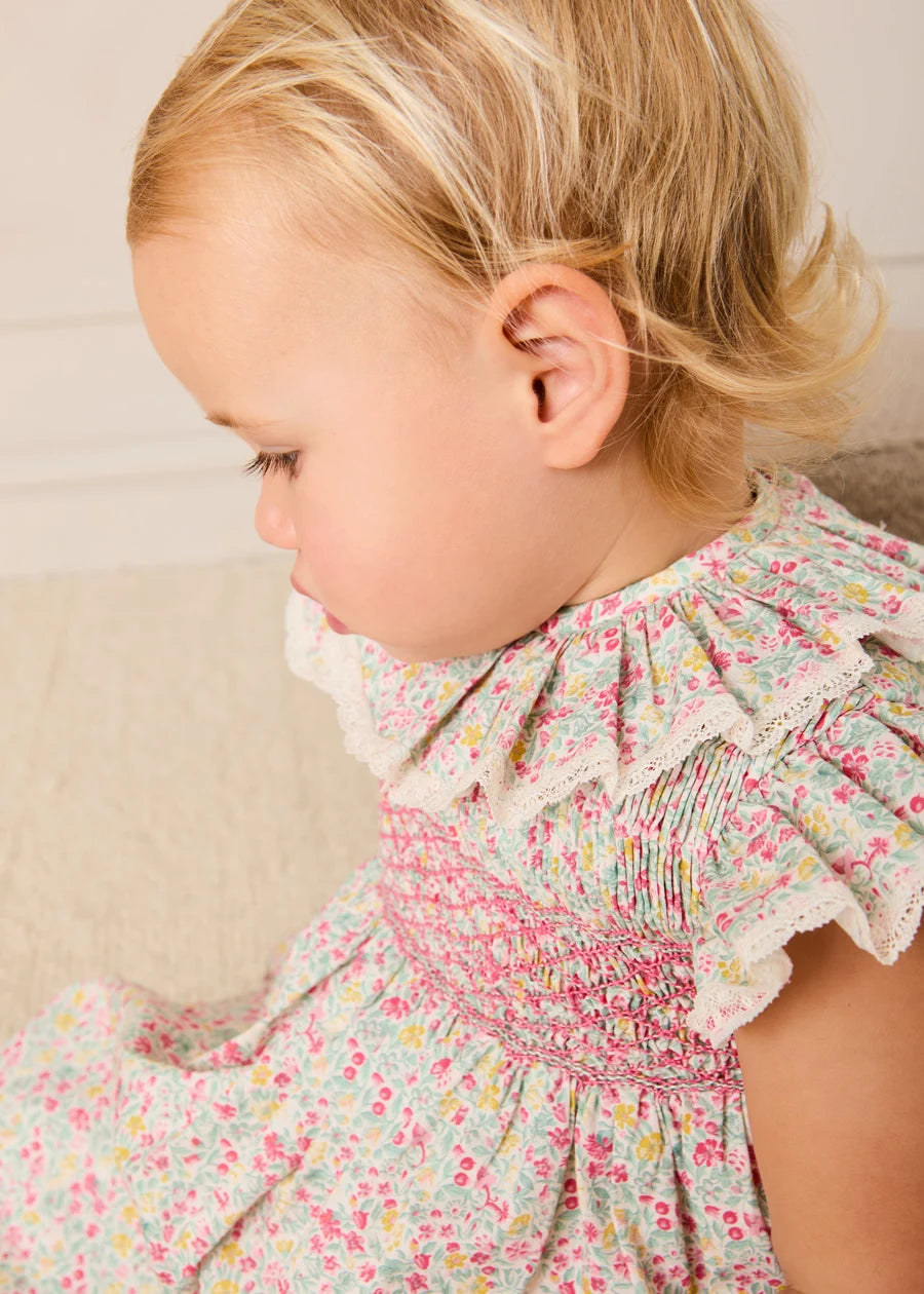 Adelaide Floral Hand Smocked Ruffle Collar Cap Sleeve Dress With Bloomers in Pink (12mths-6yrs)