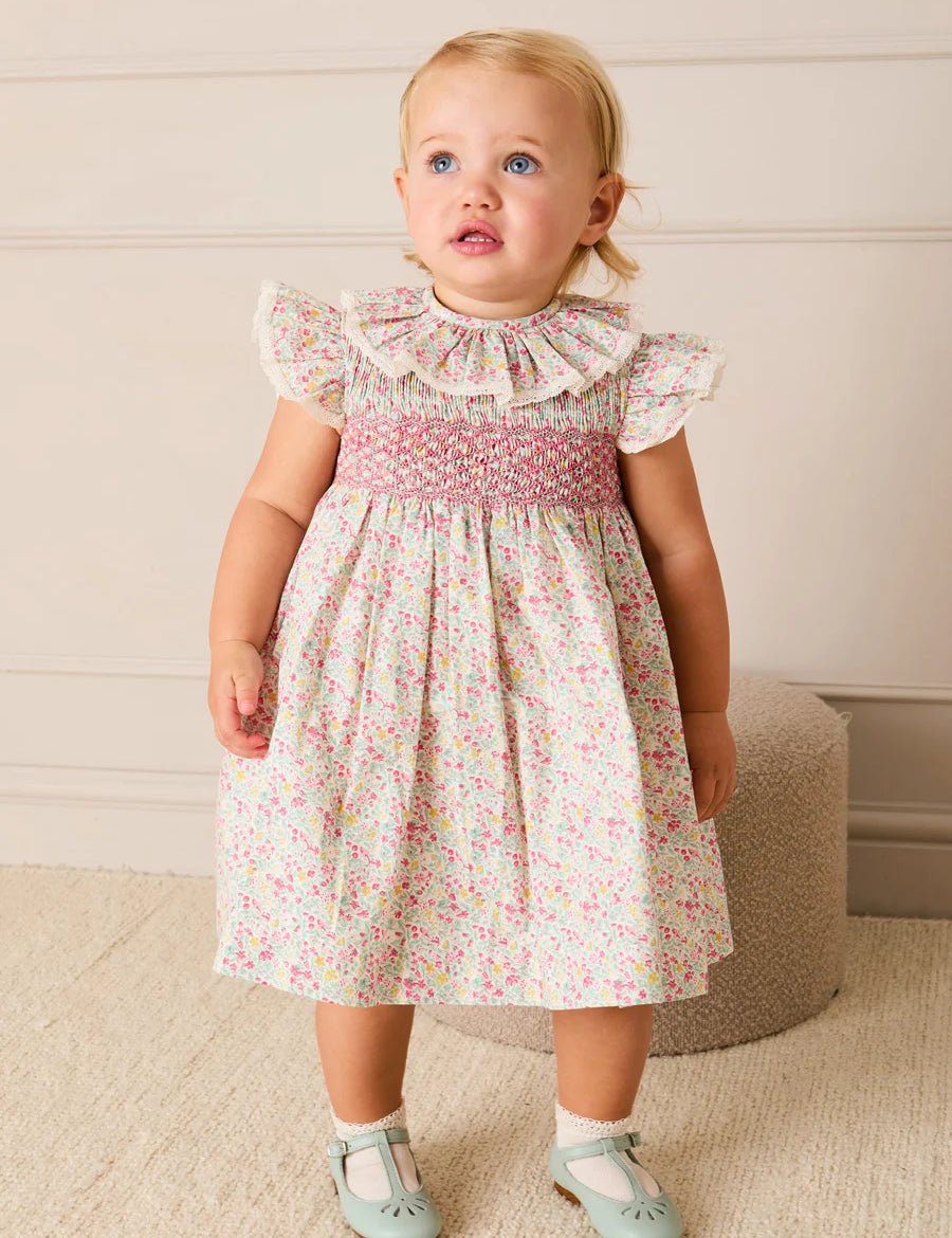 Adelaide Floral Hand Smocked Ruffle Collar Cap Sleeve Dress in Pink (12mths-6yrs) DRESSES from Pepa London