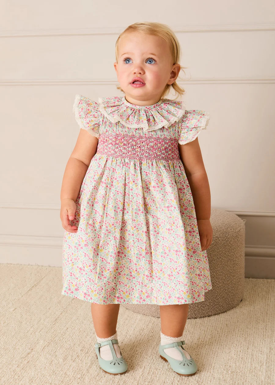 Adelaide Floral Hand Smocked Ruffle Collar Cap Sleeve Dress With Bloomers in Pink (12mths-6yrs)