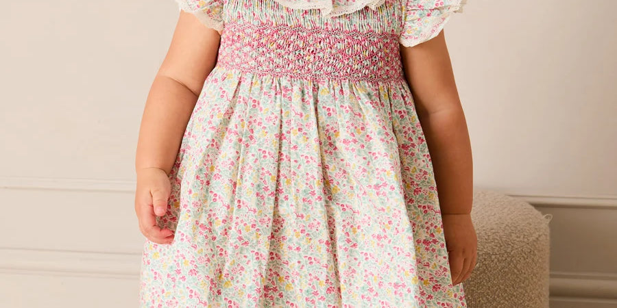 Adelaide Floral Hand Smocked Ruffle Collar Cap Sleeve Dress in Pink (12mths-6yrs) DRESSES from Pepa London