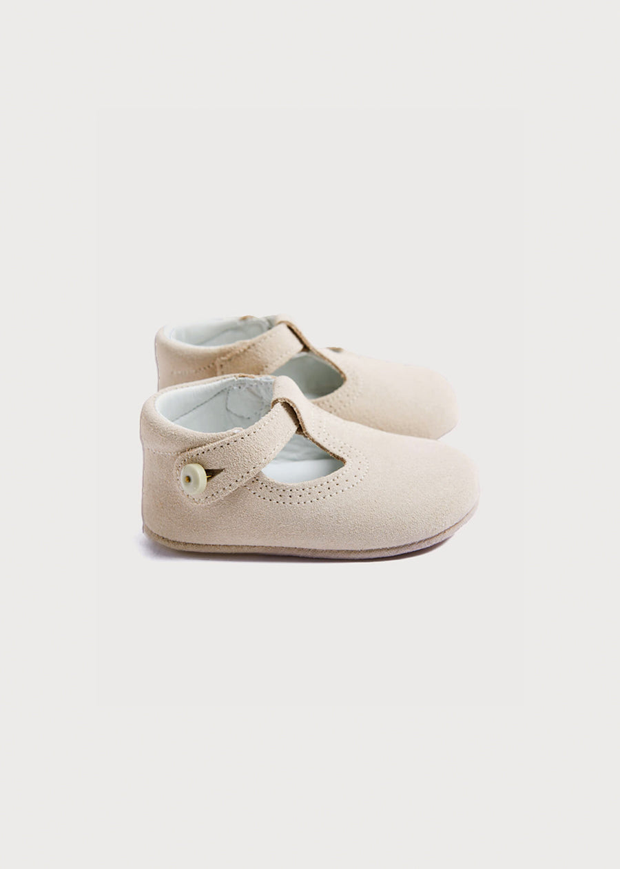 Suede T-Bar Pram Shoes in Beige (17-20EU) Shoes  from Pepa London