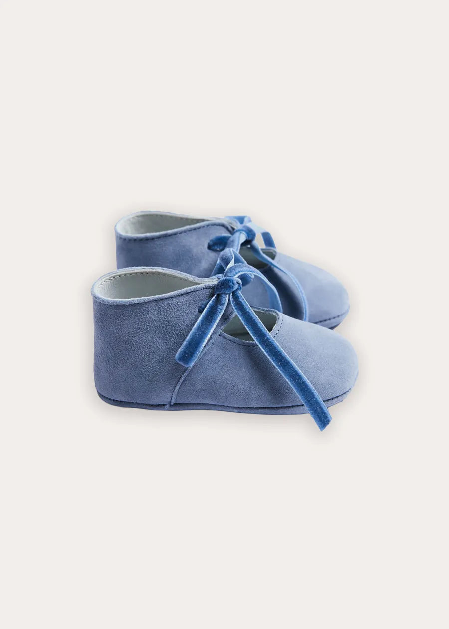 Suede Velvet Ribbon Pram Shoes in Blue (17-21 EU)