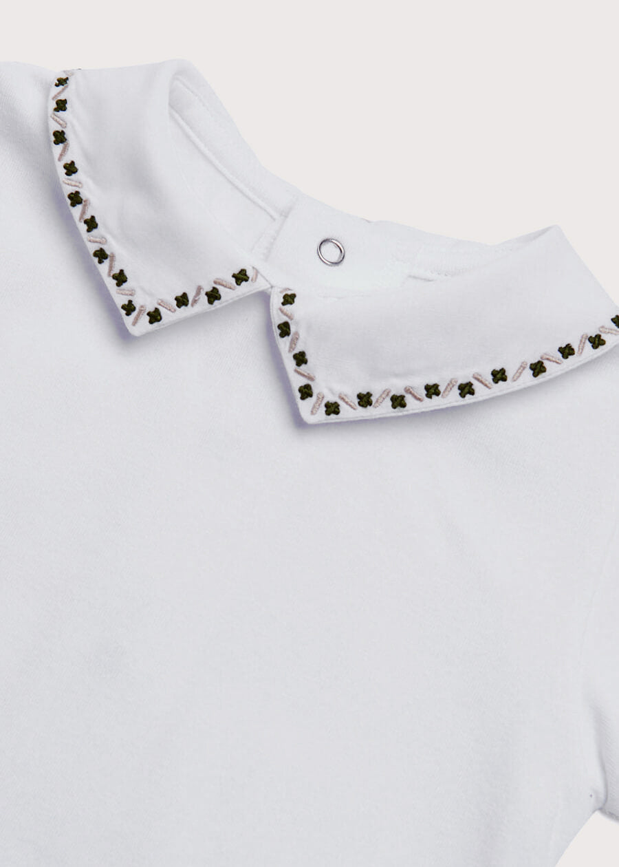 Embroidered Polo Collar Bodysuit in White (0mths-3yrs) Tops & Bodysuits from Pepa London