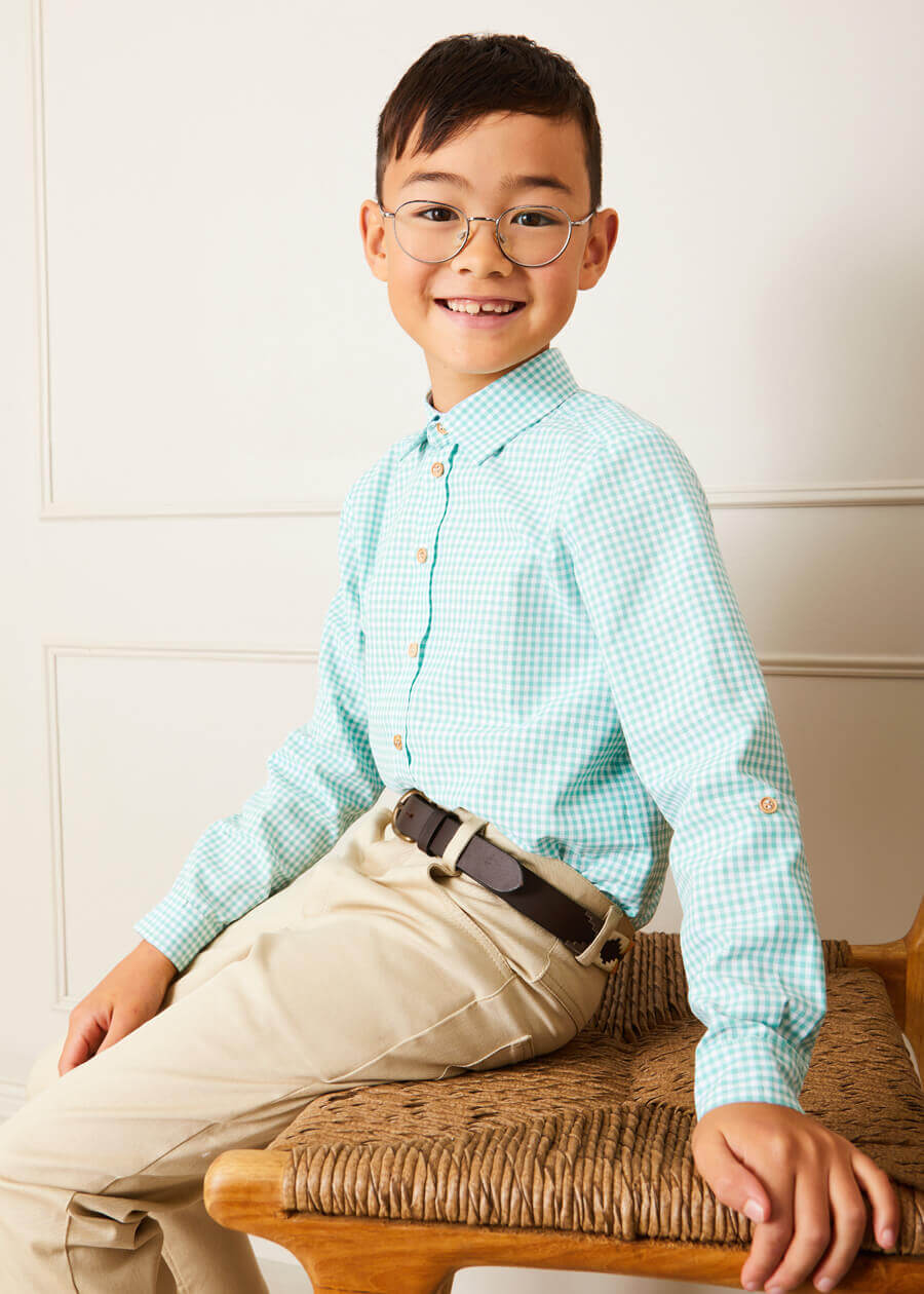 Gingham Polo Collar Long Sleeve Shirt in Green (3-10yrs) Shirts  from Pepa London