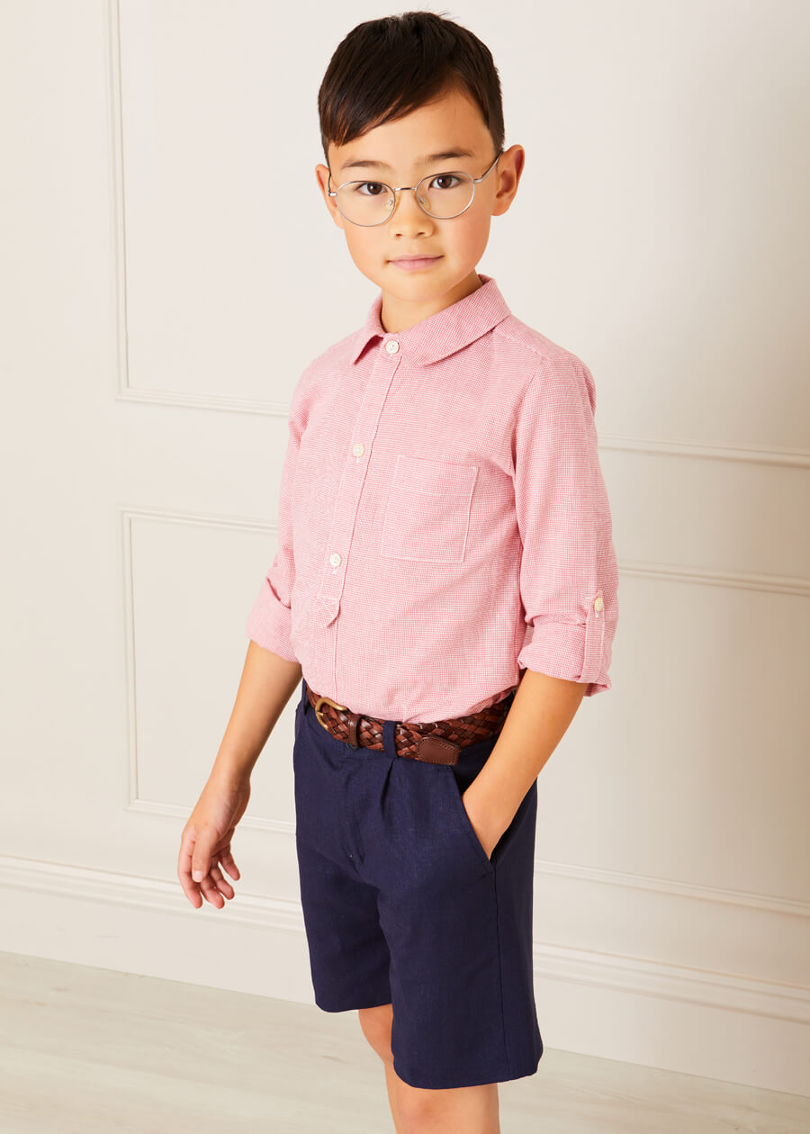 Mini Houndstooth Polo Collar Long Sleeve Shirt in Red (12mths-10yrs) Shirts  from Pepa London