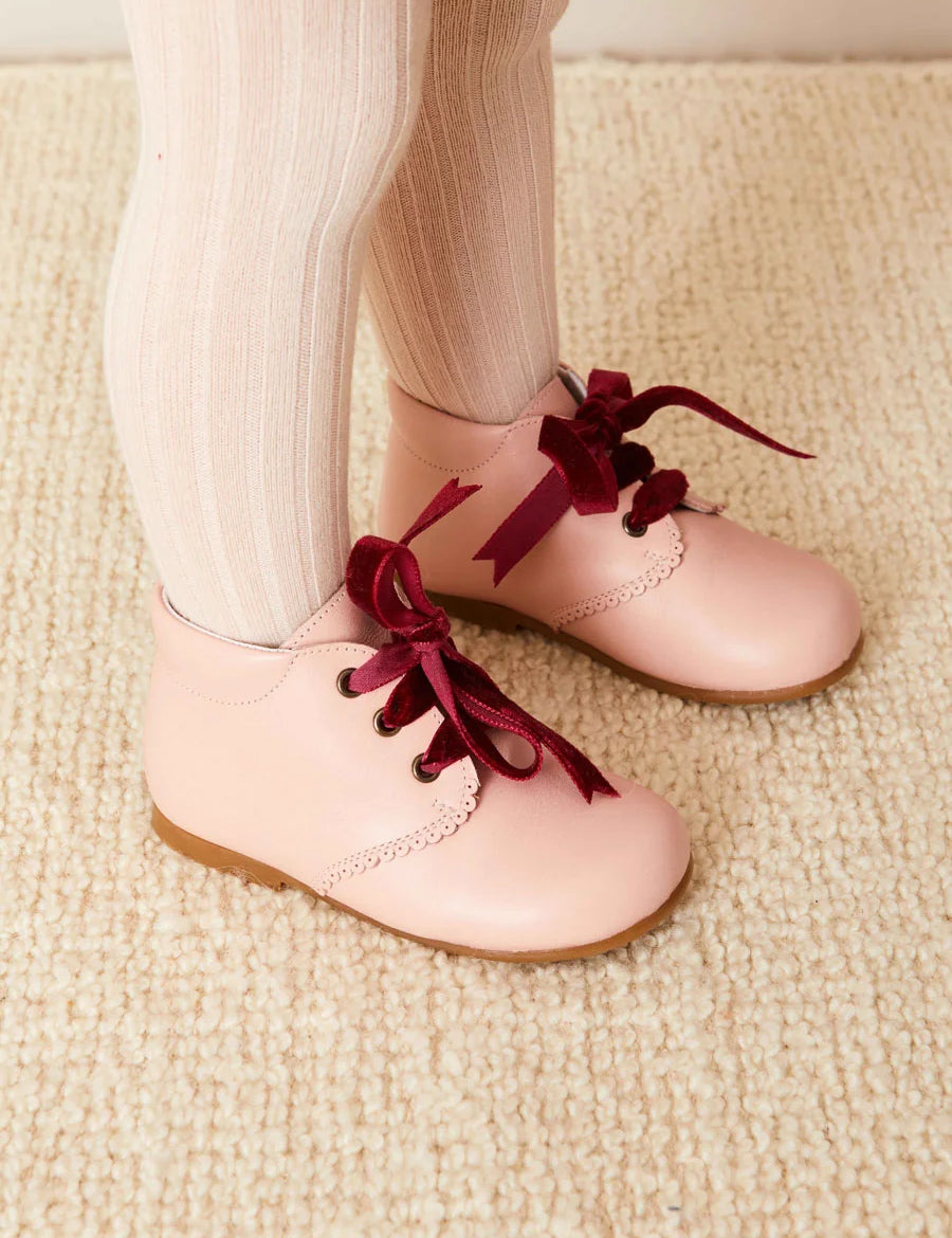 Velvet Ribbon Baby Booties in Pink (20-26EU) Shoes  from Pepa London
