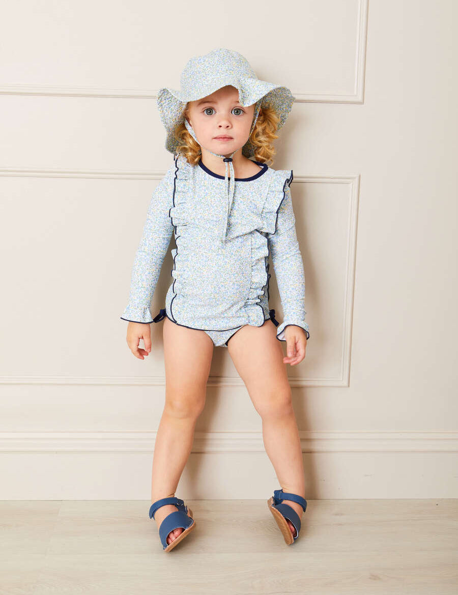 Matilda Floral Print Ruffle Trim Long Sleeve Swim Set in Blue (12mths-6yrs) Swimwear  from Pepa London