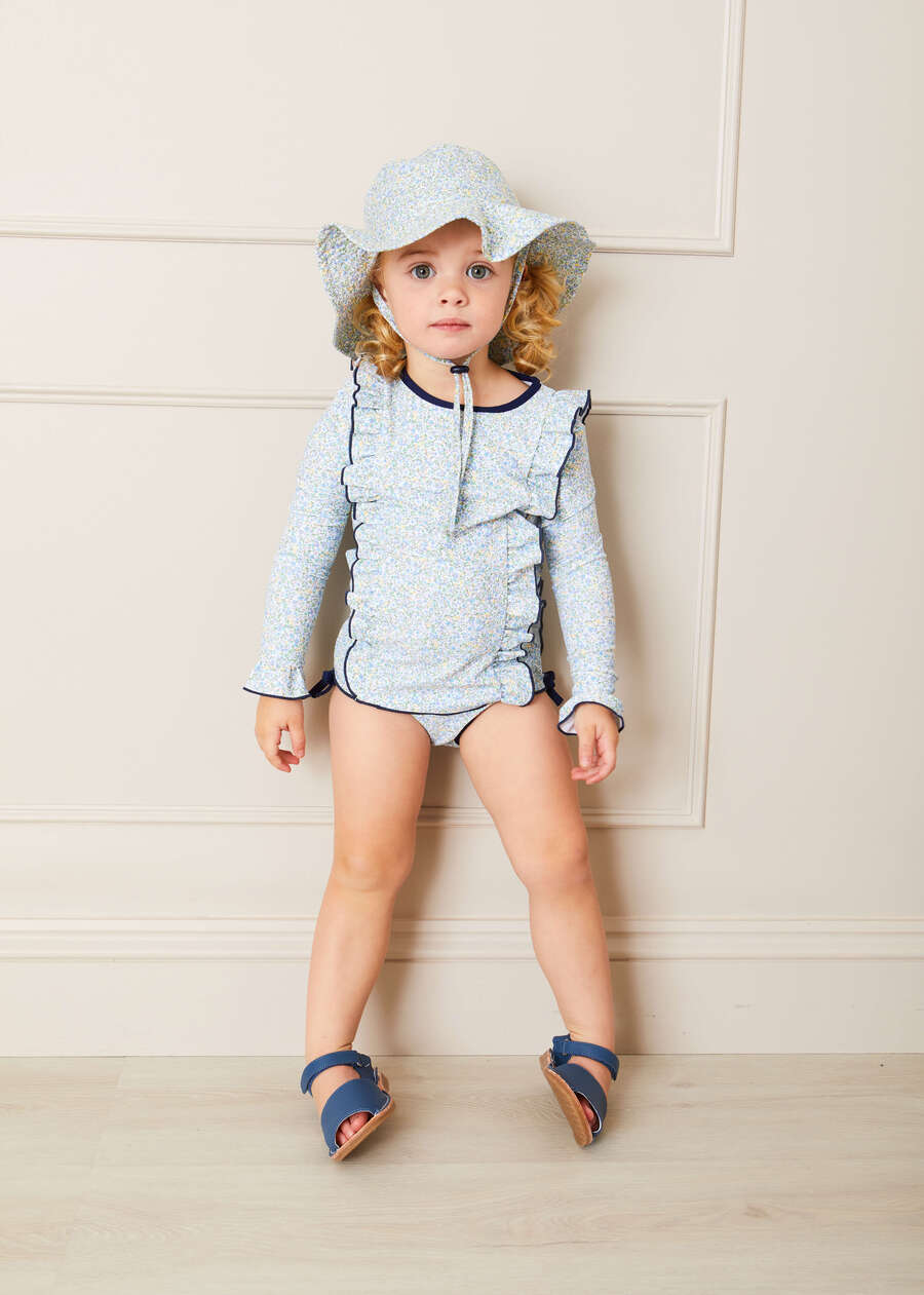 Matilda Floral Print Ruffle Trim Long Sleeve Swim Set in Blue (12mths-6yrs) Swimwear  from Pepa London