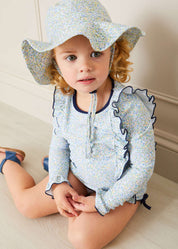 Matilda Floral Print Ruffle Trim Long Sleeve Swim Set in Blue (12mths-6yrs) Swimwear  from Pepa London