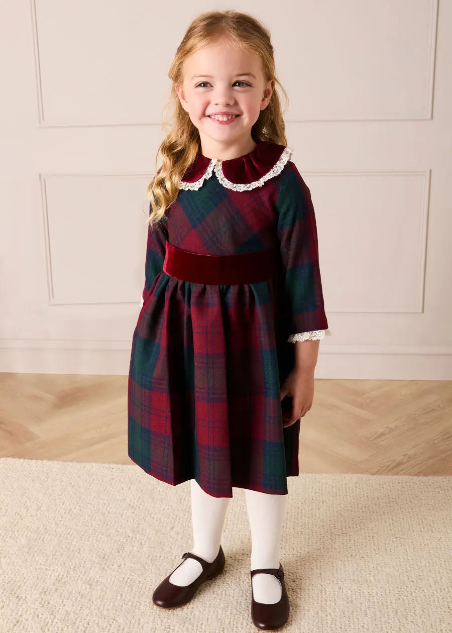 Grosvenor Tartan Lace Detail Velvet Bow Dress in Red (12mths-12yrs) Dresses from Pepa London