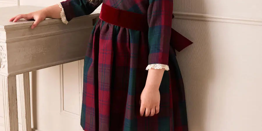 Grosvenor Tartan Lace Detail Velvet Bow Dress in Red (12mths-12yrs) Dresses from Pepa London