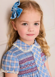 Denby Check Hand Smocked Double Breasted Short Sleeve Dress in Blue (12mths-10yrs) Dresses from Pepa London