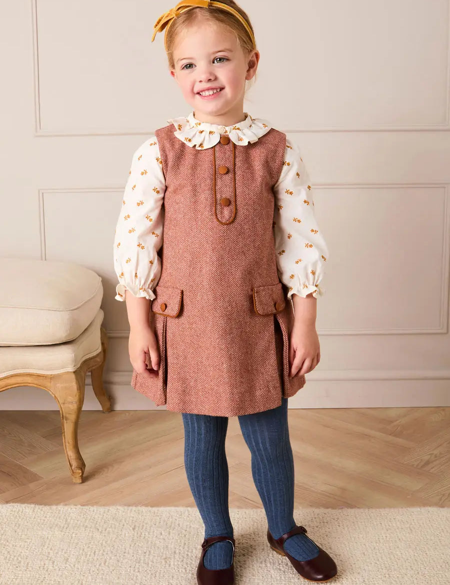 Palmer Houndstooth Pinafore Dress in Rust (12mths-10yrs) Dresses from Pepa London