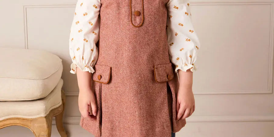 Palmer Houndstooth Pinafore Dress in Rust (12mths-10yrs) Dresses from Pepa London