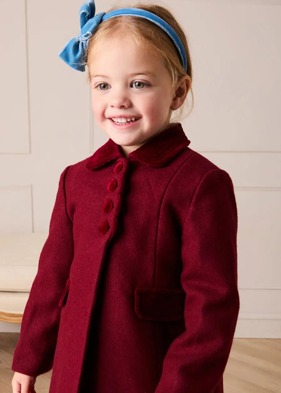 Single Breasted Scallop Detail Coat In Burgundy (12mths-12yrs)