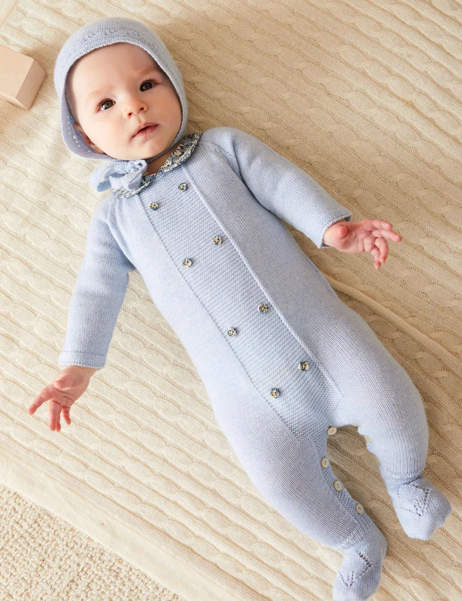 Evelyn Floral Peter Pan Collar Knitted All-In-One in Blue (1-6mths) Baby One-Pieces  from Pepa London